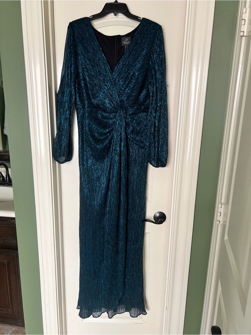 Adrianna Papell Teal Metallic Knot-Front Long Sleeve Gown